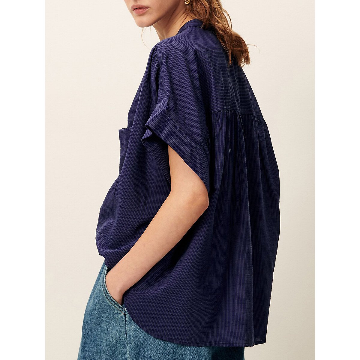Chemise à manches courtes et col rond, à fines rayures, CAMILLE bleu, SESSUN