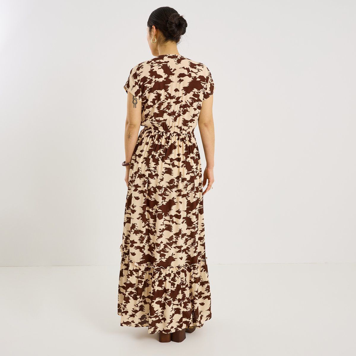 Robe longue fluide imprimé vache beige, GRAIN DE MALICE