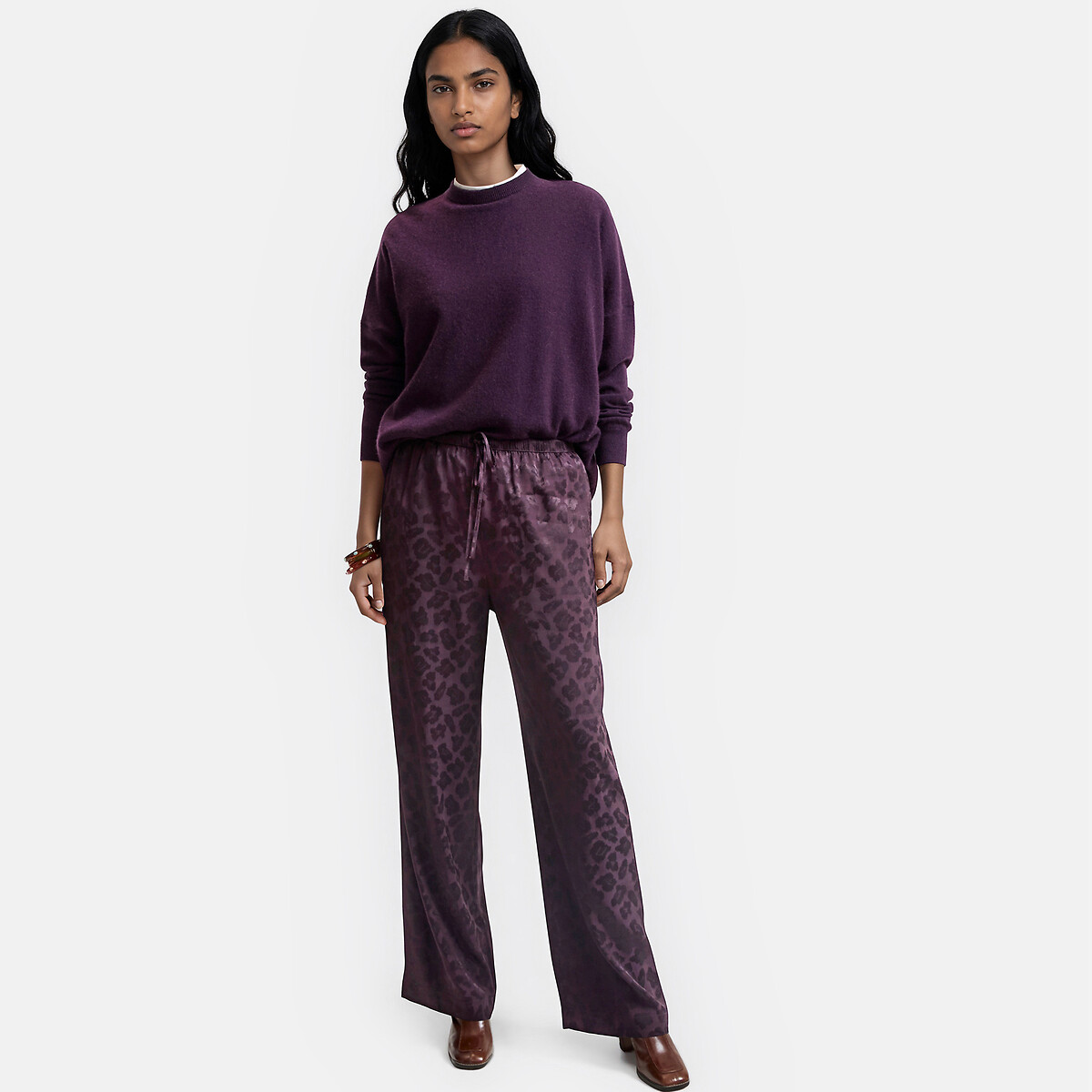 Pantalon large, taille élastiquée, en satin jacquard motif léopard violet, LA REDOUTE COLLECTIONS