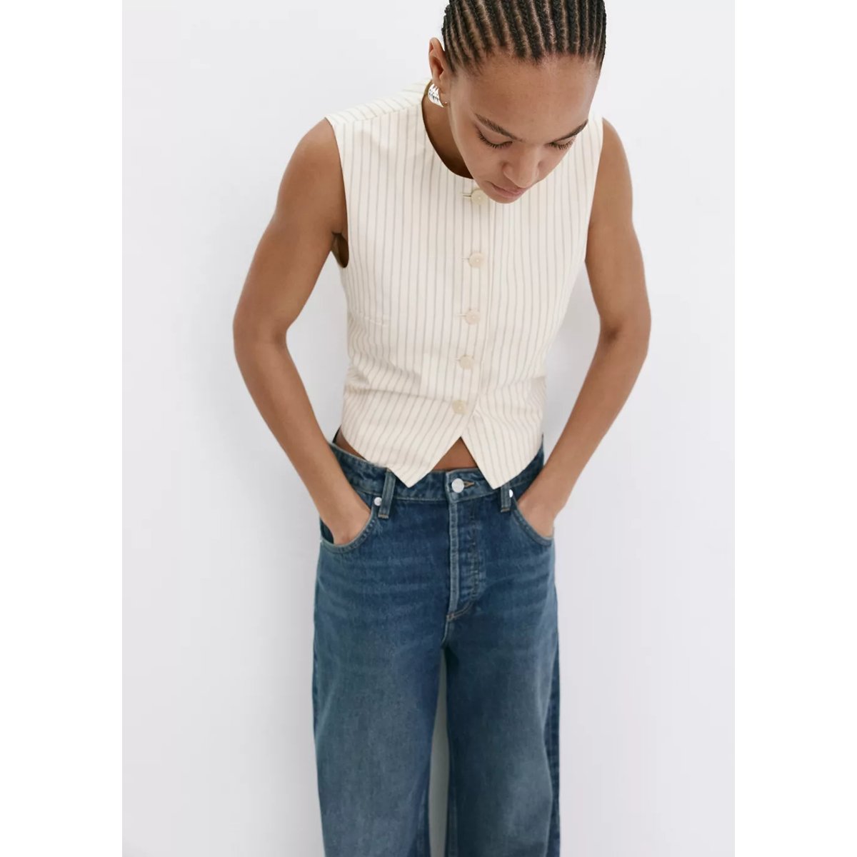 Gilet à rayures tennis ouvert au dos vanille, MANGO