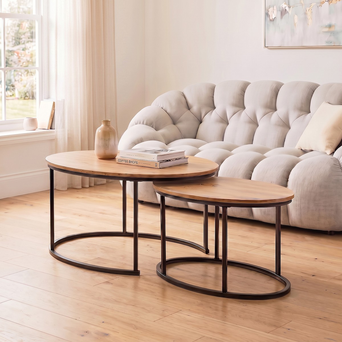 Lot de 2 tables basses gigognes ovales LENNY bois clair, CALICOSY