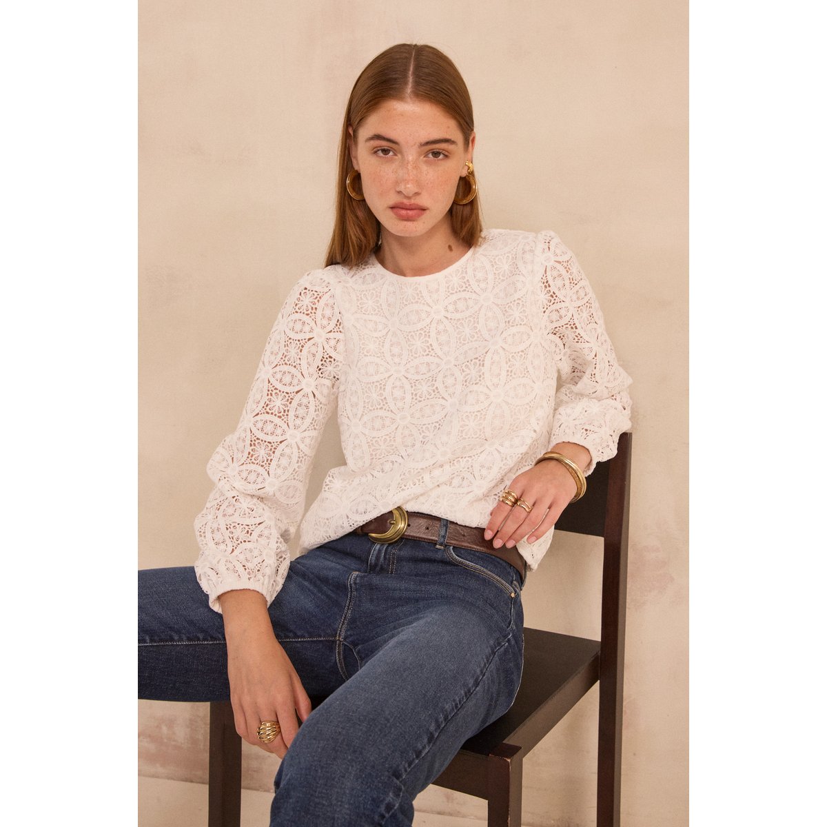 Blouse dentelles à manches longues MALIE ecru, Maison 123