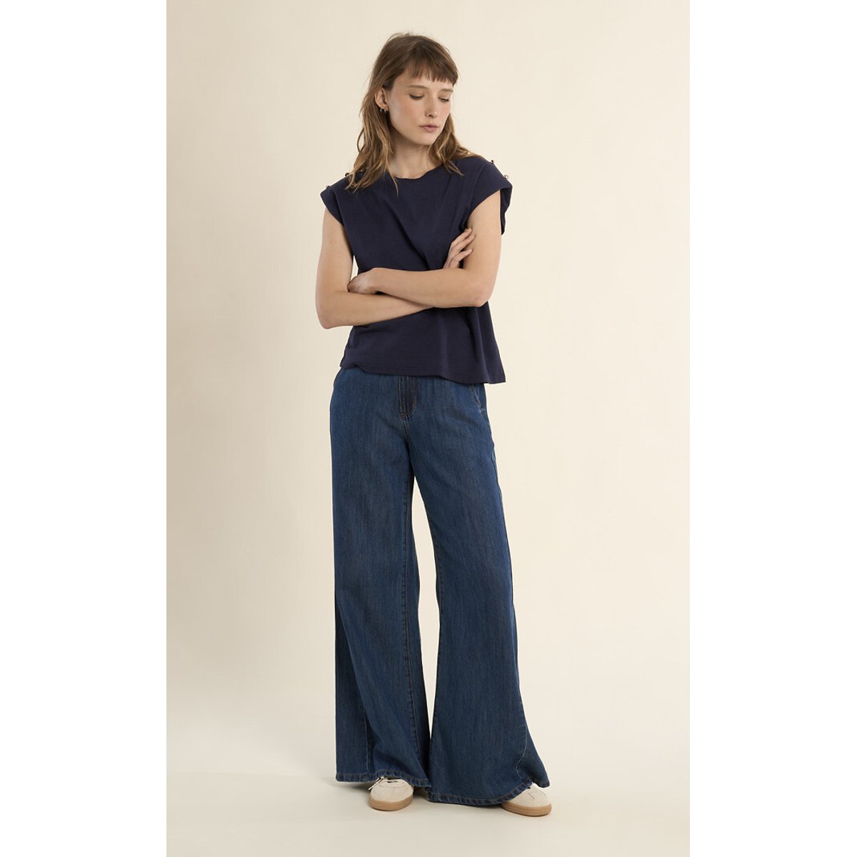 T-shirt met korte mouwen en ronde hals met pareldetail marineblauw, MOLLY BRACKEN