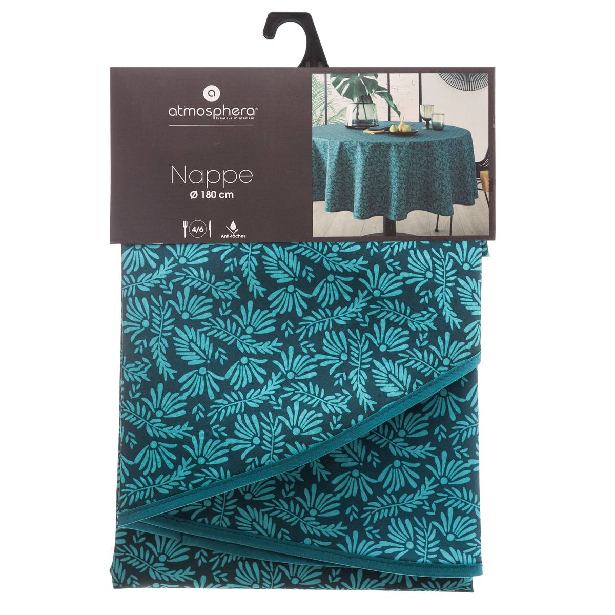 Nappe ronde anti-tâche motifs feuilles MEILI bleu canard, ATMOSPHERA
