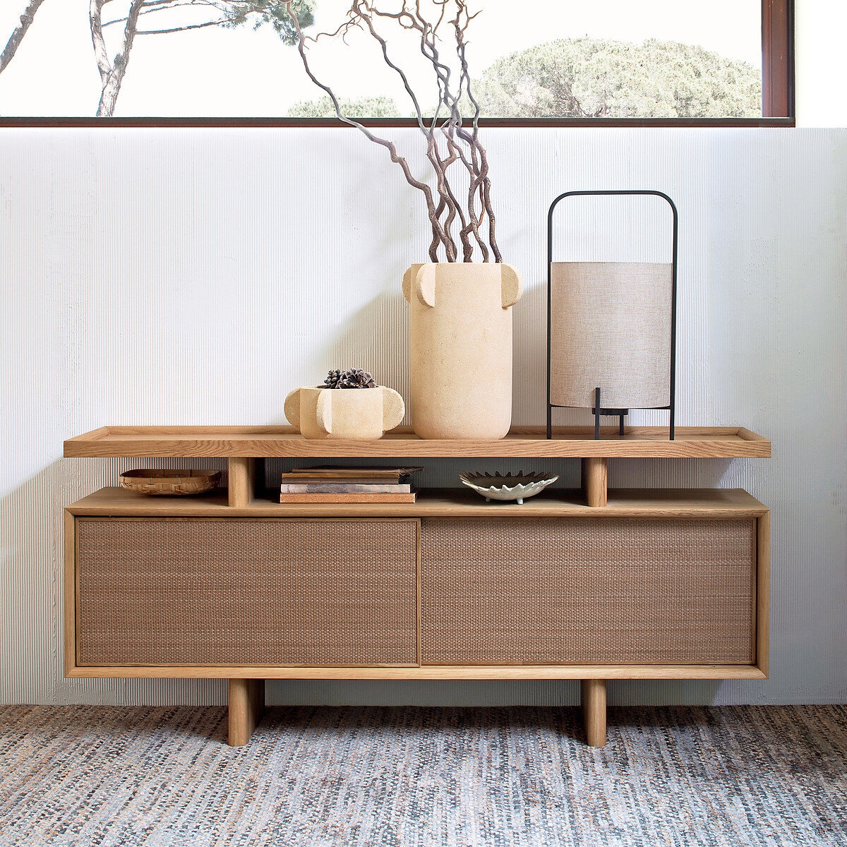 Credenza con console in rovere impiallacciato e pelle, Propono quercia naturale, AM.PM