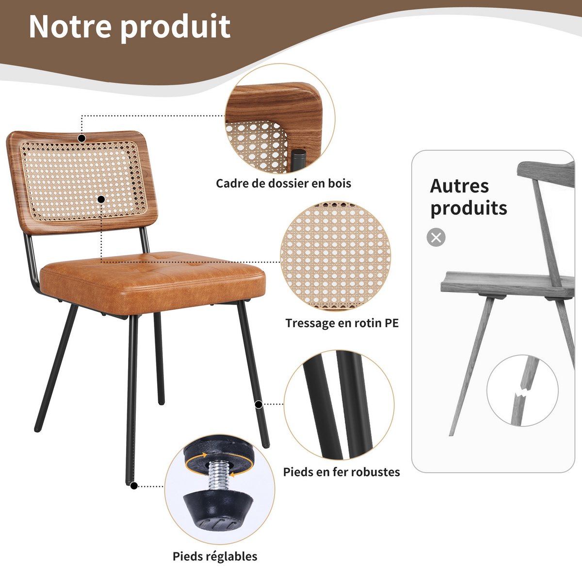 Lot de 2 chaises de salle à manger en simili cuir avec dossier en rotin PE style rétro moderne, KAROMIR marron, MEUBLES COSY