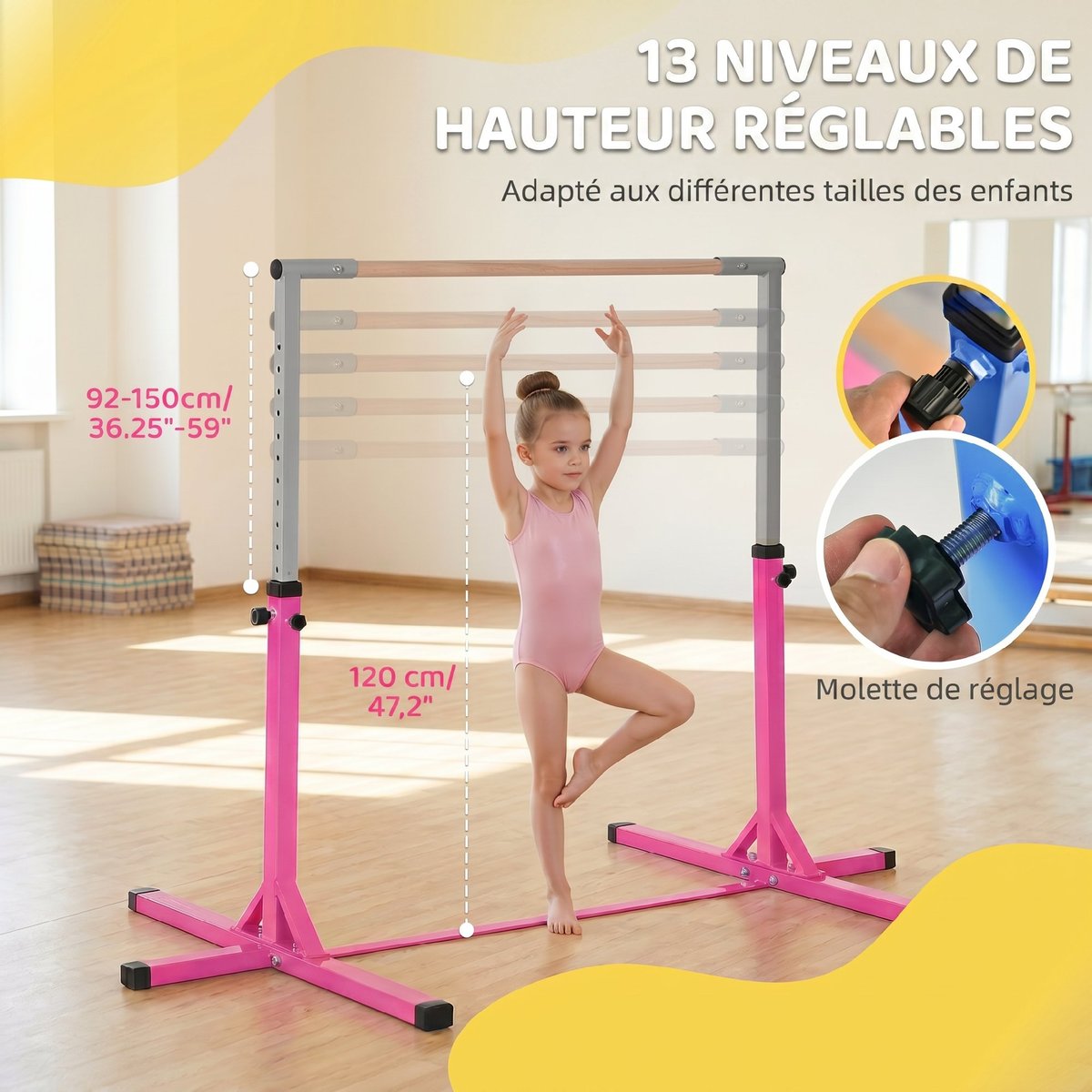 Barre de gymnastique pour enfants Acier Rose rose, HOMCOM