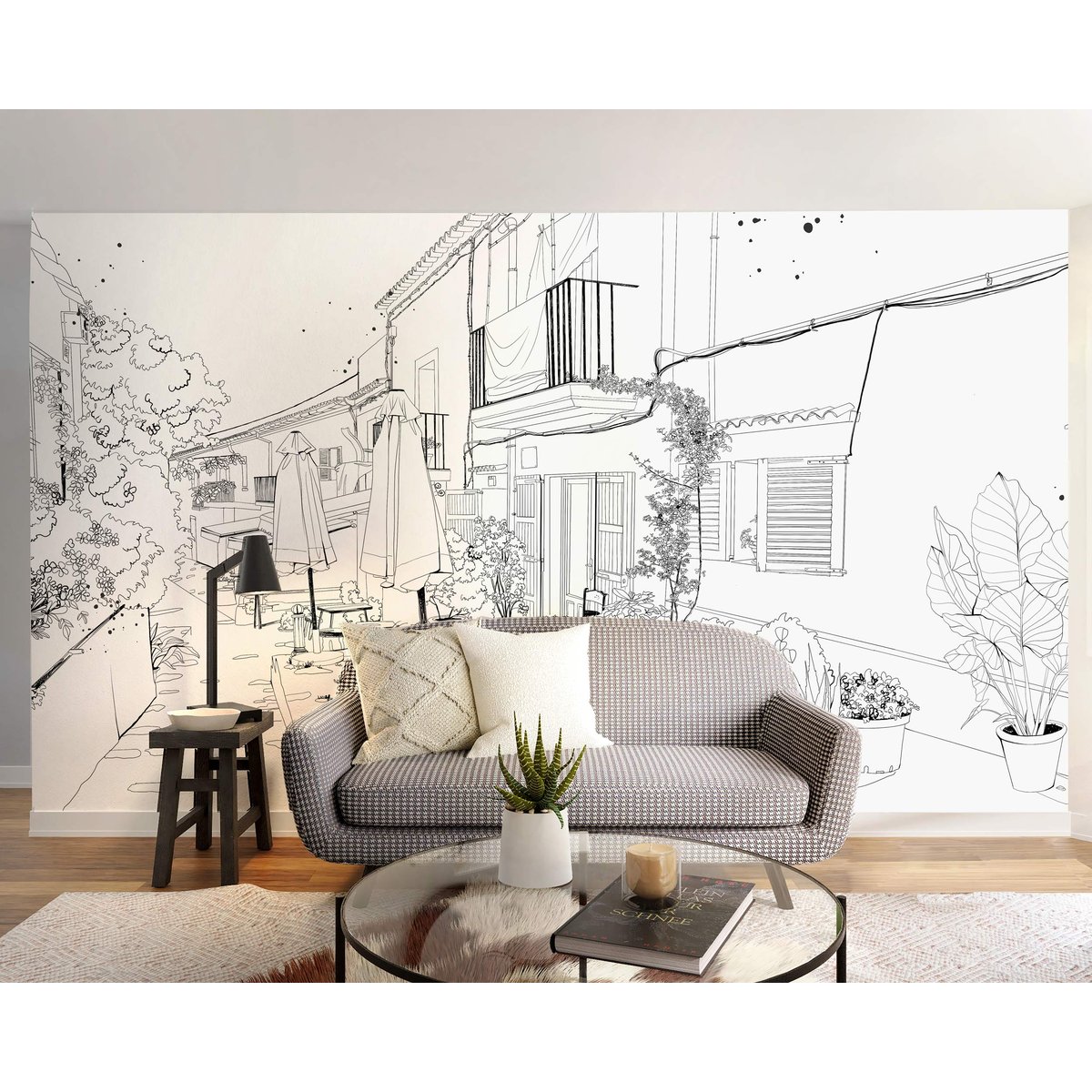 Papier peint panoramique Terrasse d'été, Gris 450 x 250cm noir et blanc, ACTE DECO