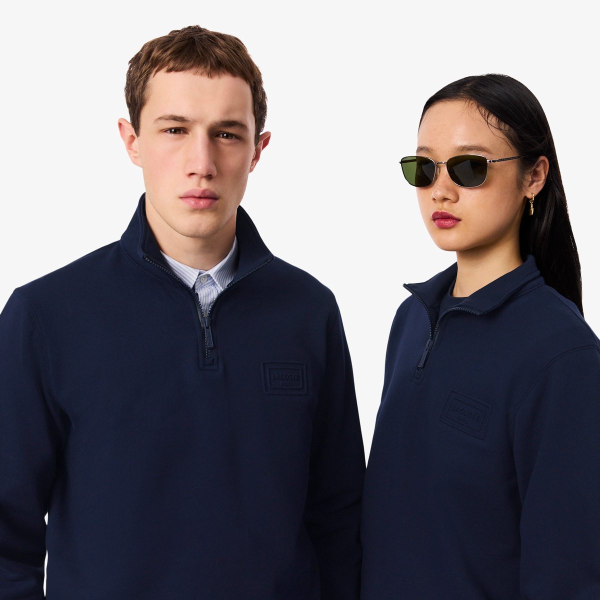 Sweatshirt col montant zippé marquage embossé bleu-166, LACOSTE