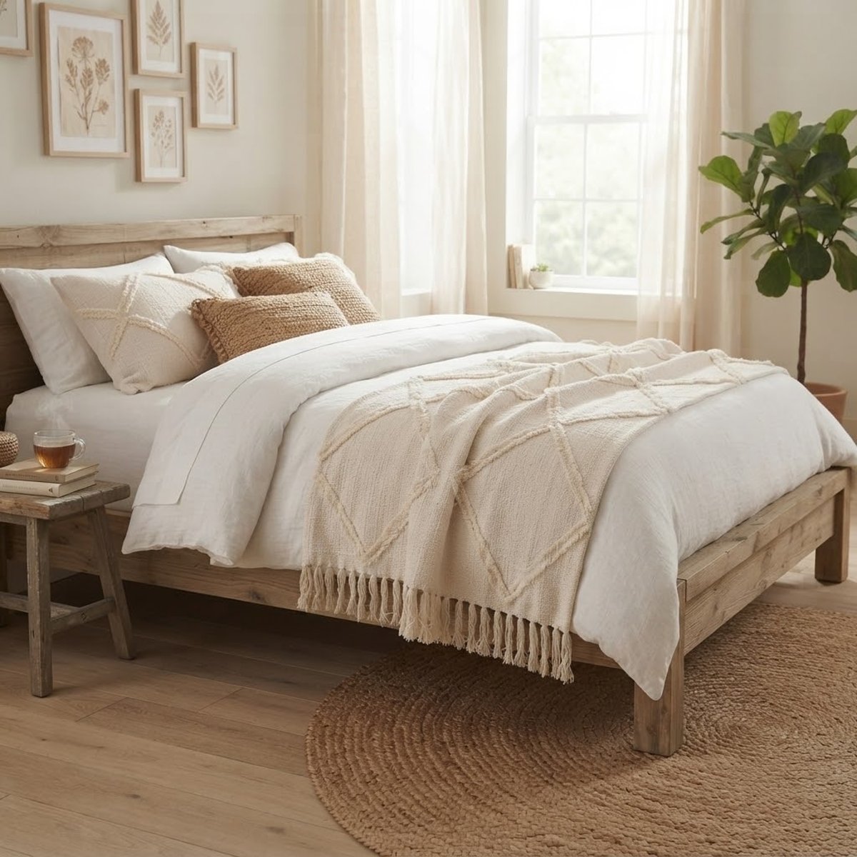 Plaid jeté de lit ou fauteuil en coton Tufté ivoire, EDEN
