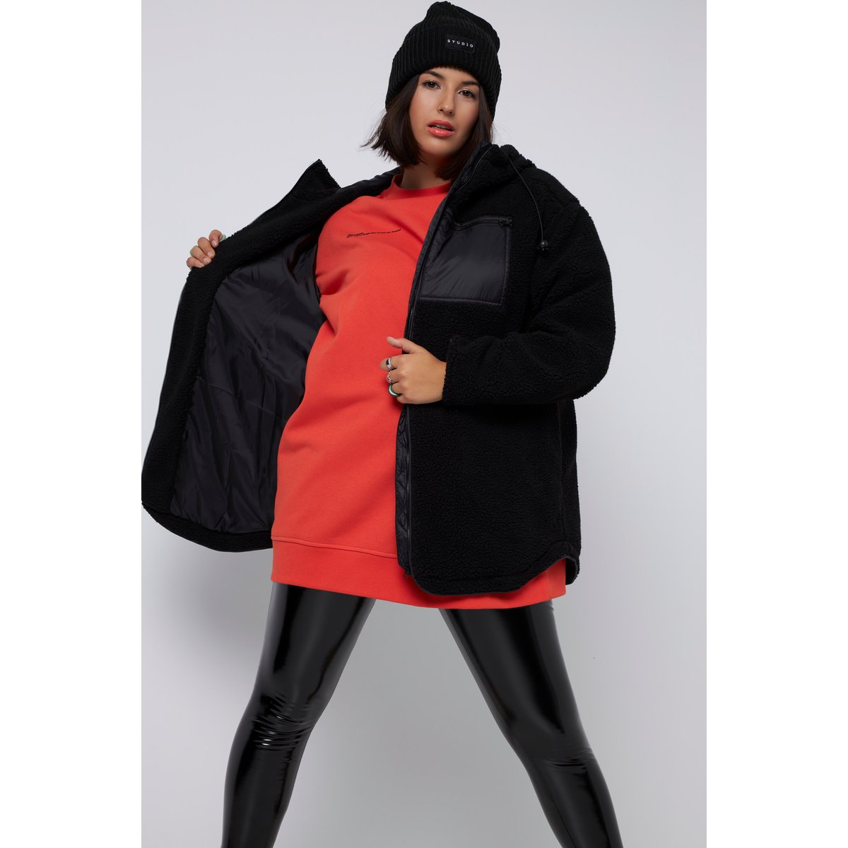 Veste en polaire bouclée, oversized, capuche noir, STUDIO UNTOLD