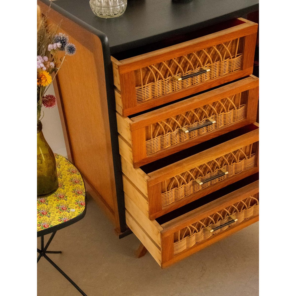 Commode en rotin tressé Olga N°431 - Bon état bois foncé, DEBONGOUT