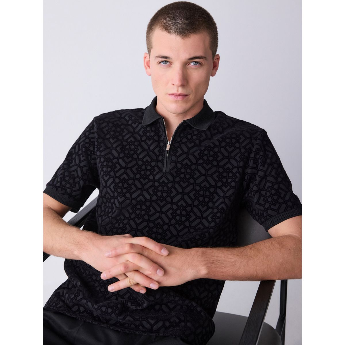 Polo habillé à motif jacquard noir, NEXT