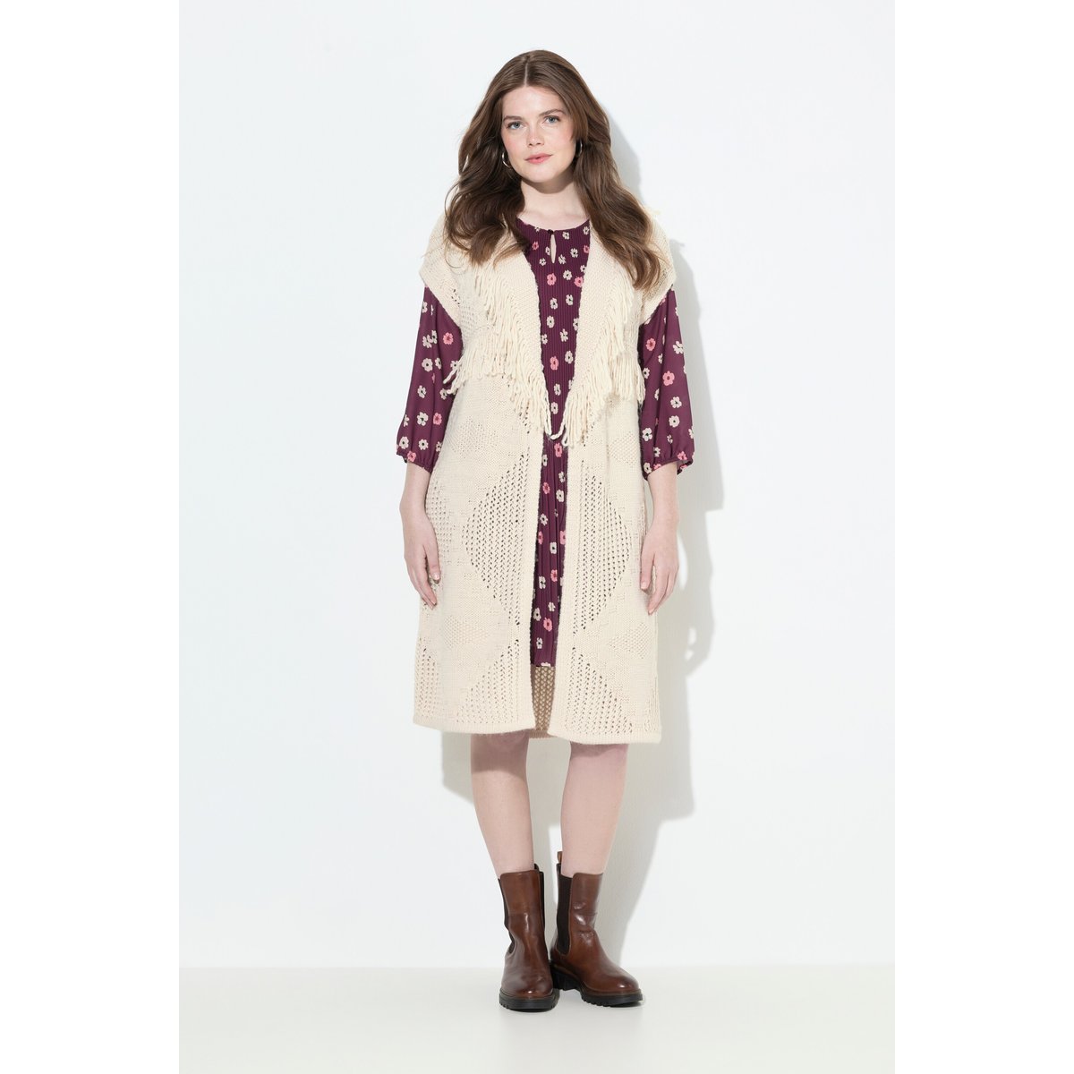 Cardigan long et oversize, coupe ouverte mastic foncé, ULLA POPKEN