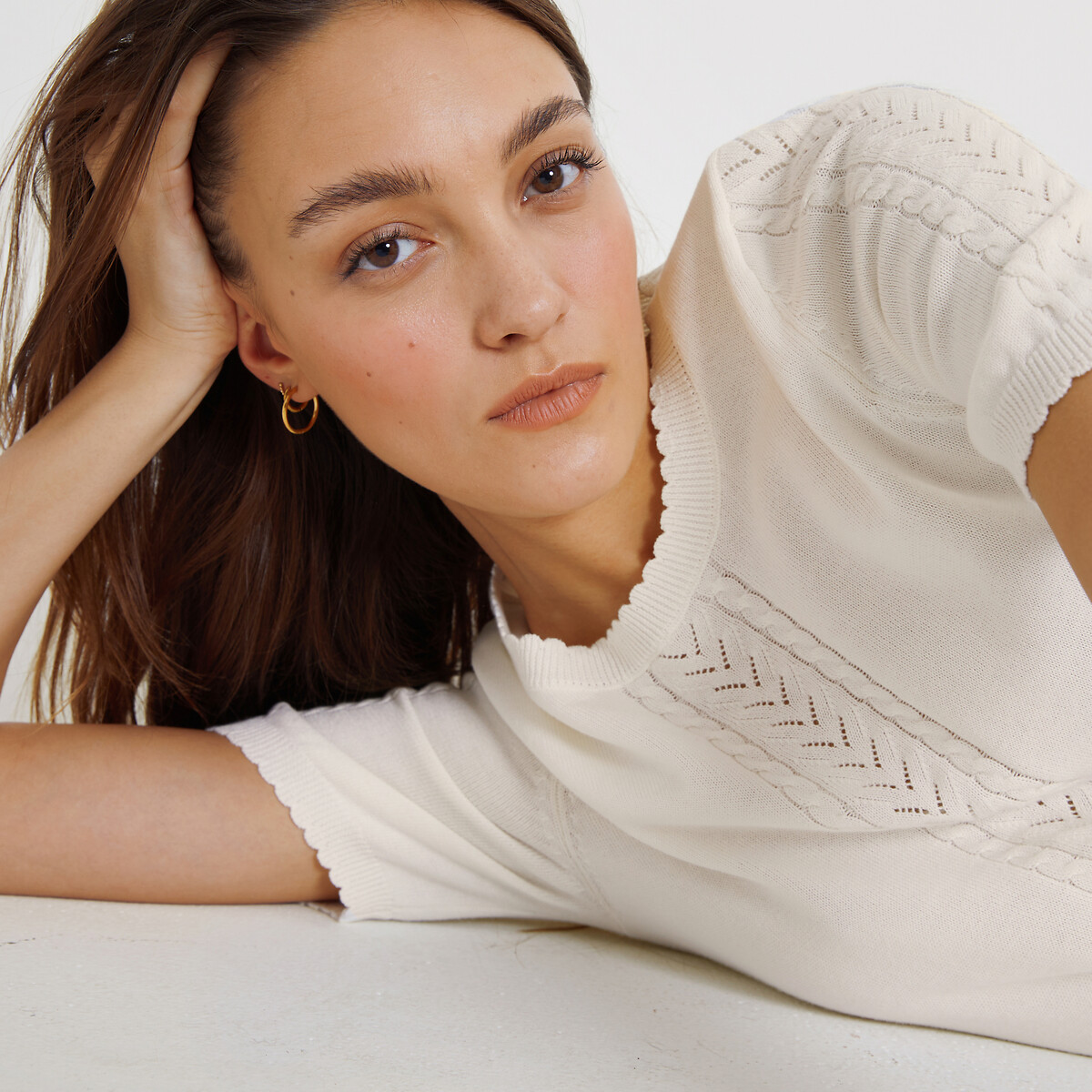 Pull col rond, manches courtes ivoire, LA REDOUTE COLLECTIONS