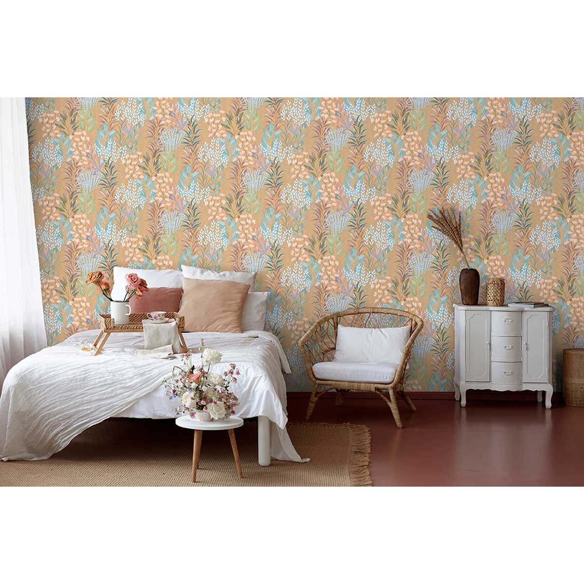 Papier peint feuillage aquarelle fond ocre multicolore, HEXOA