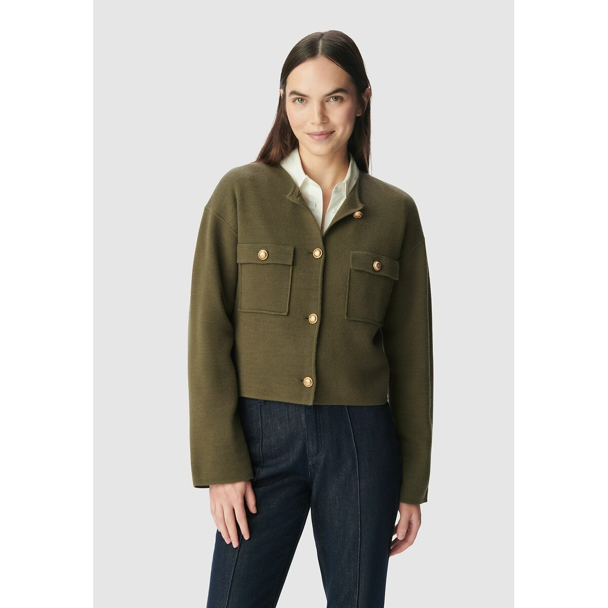 Crew Neck Cardigan with Pockets dark khaki, IKKS