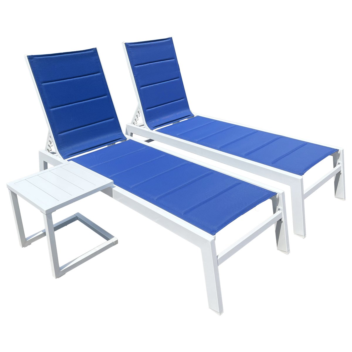 2 bains de soleil et table d'appoint, BARBADOS bleu, blanc, HAPPY GARDEN