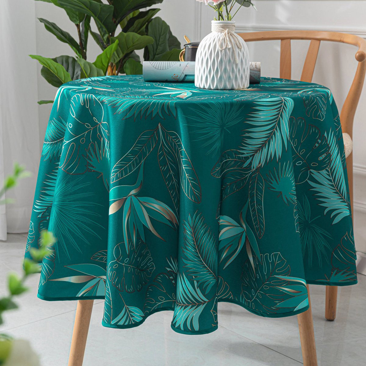 Nappe ronde exotique anti-taches bleu paon, HOME MAISON