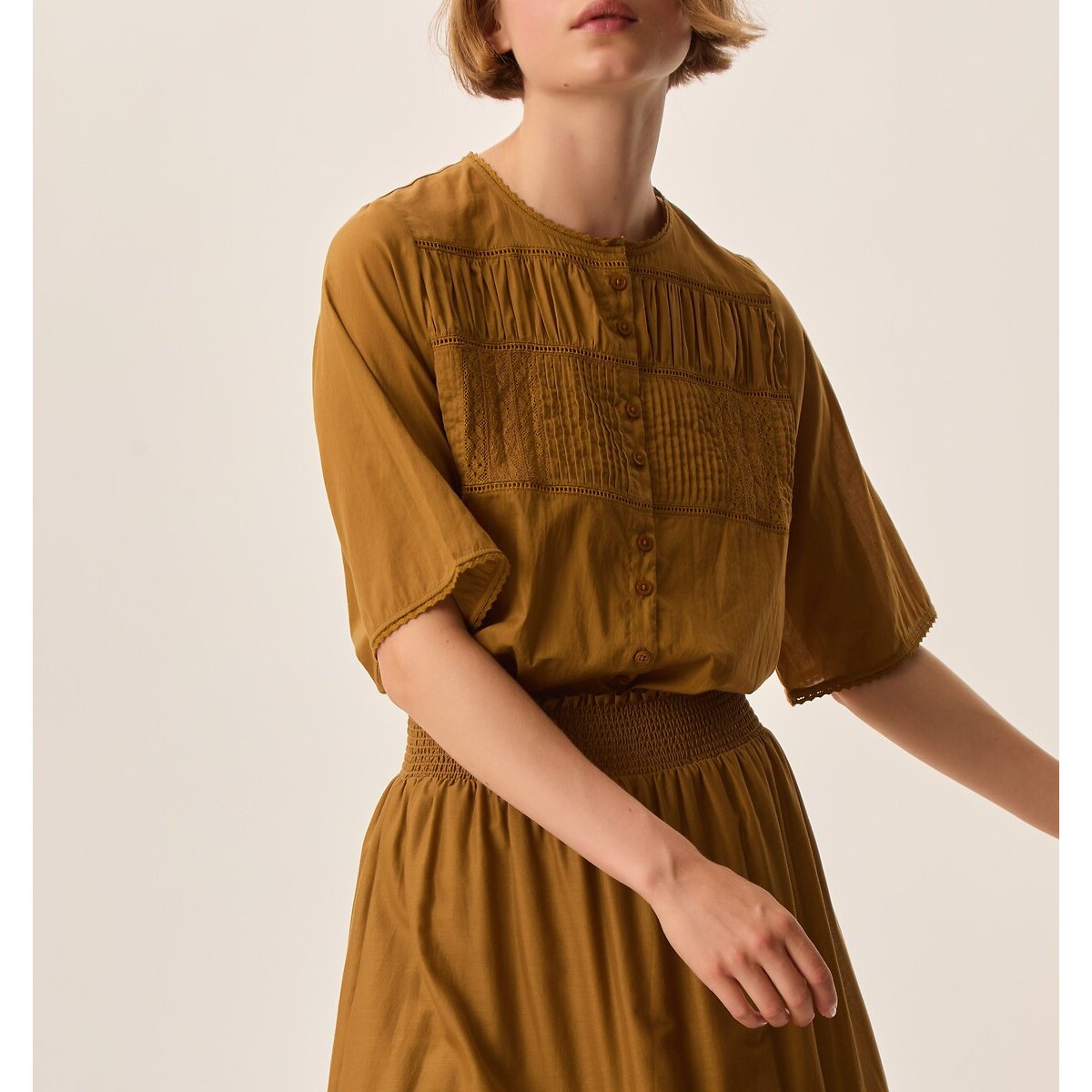 Blouse à manches courtes avec détails en dentelle, SALEM ocre, DES PETITS HAUTS