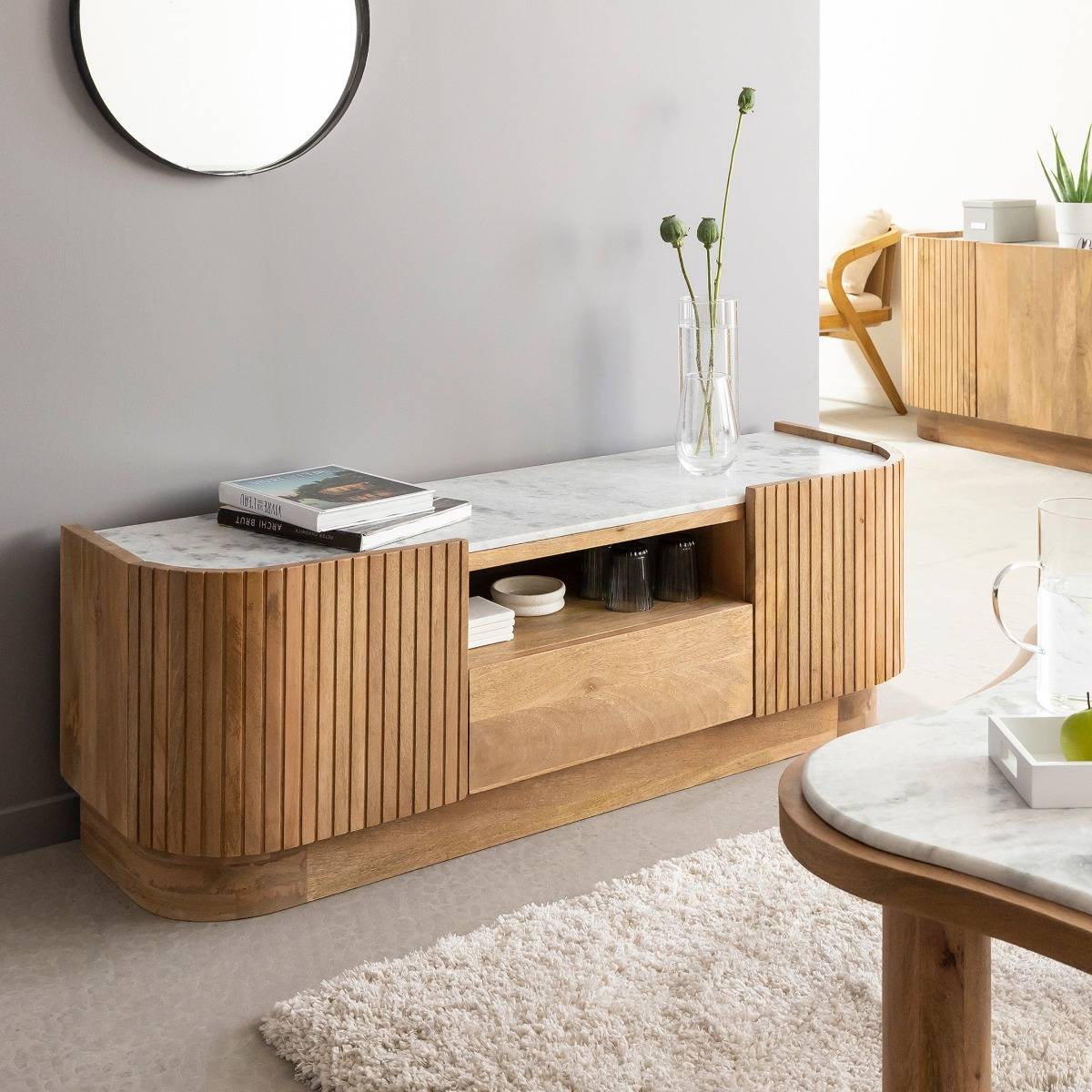 Meuble TV en bois de manguier ADLER bois clair, MADE IN MEUBLES