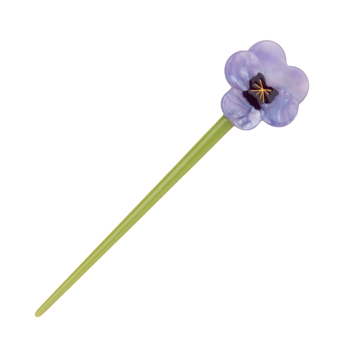 Pic à cheveux PENSEE violet avec tige vert nacré, COUCOU SUZETTE