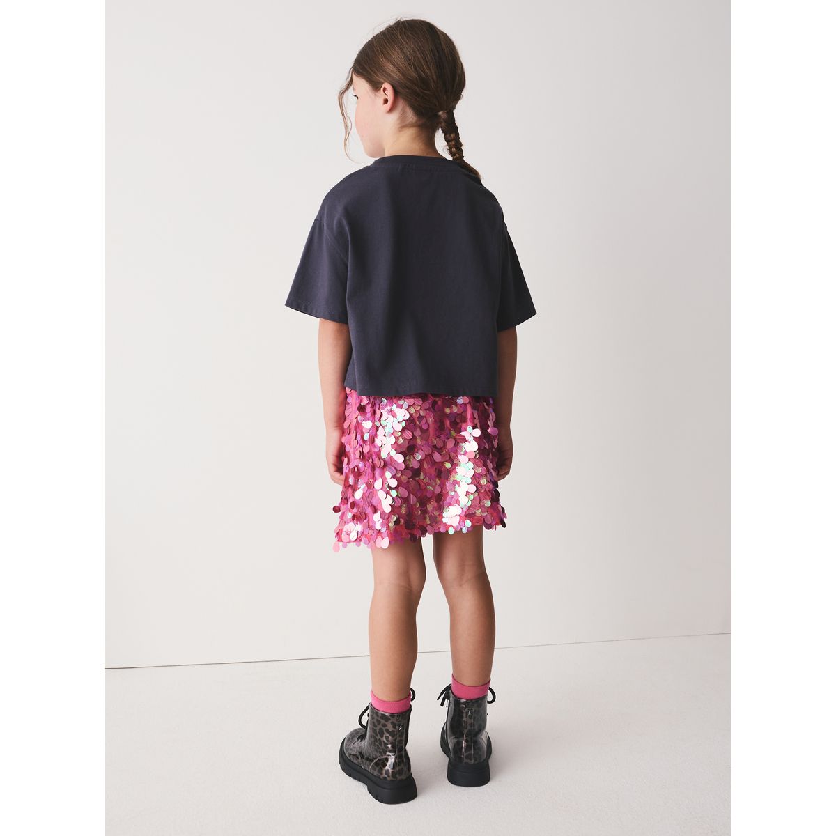 Ensemble t-shirt et jupe à sequins popcorn gris/rose, NEXT