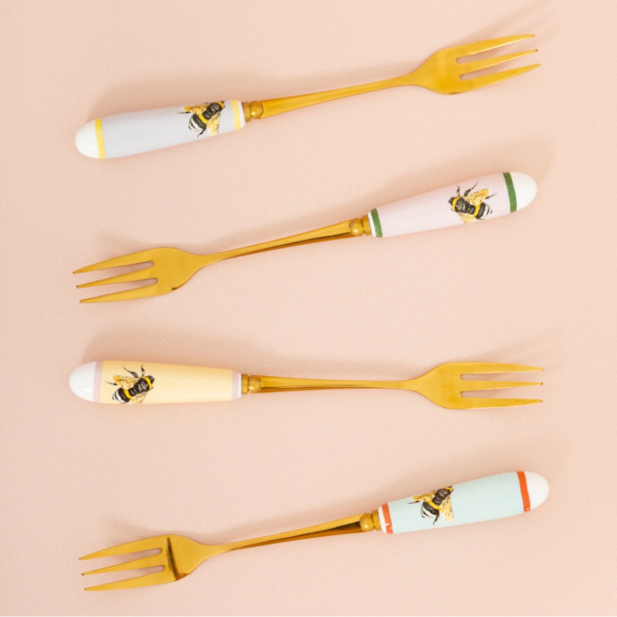 Set of 4 Bee Cake Forks in Gold multi-coloured, YVONNE ELLEN