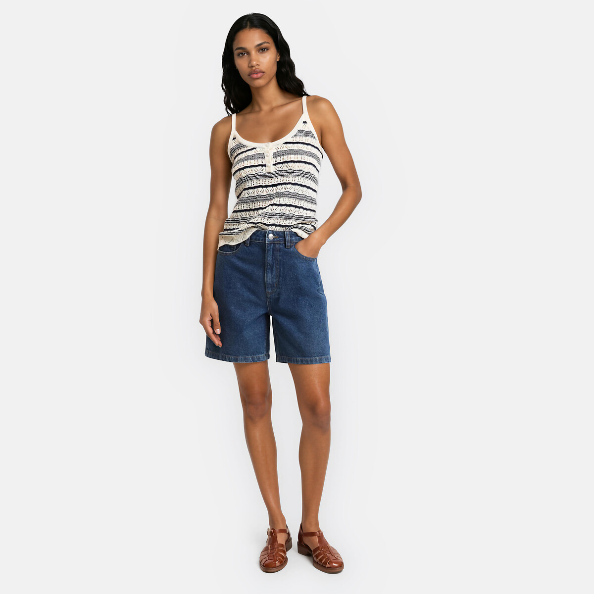 Débardeur en fine maille ajourée rayé noir/écru, LA REDOUTE COLLECTIONS