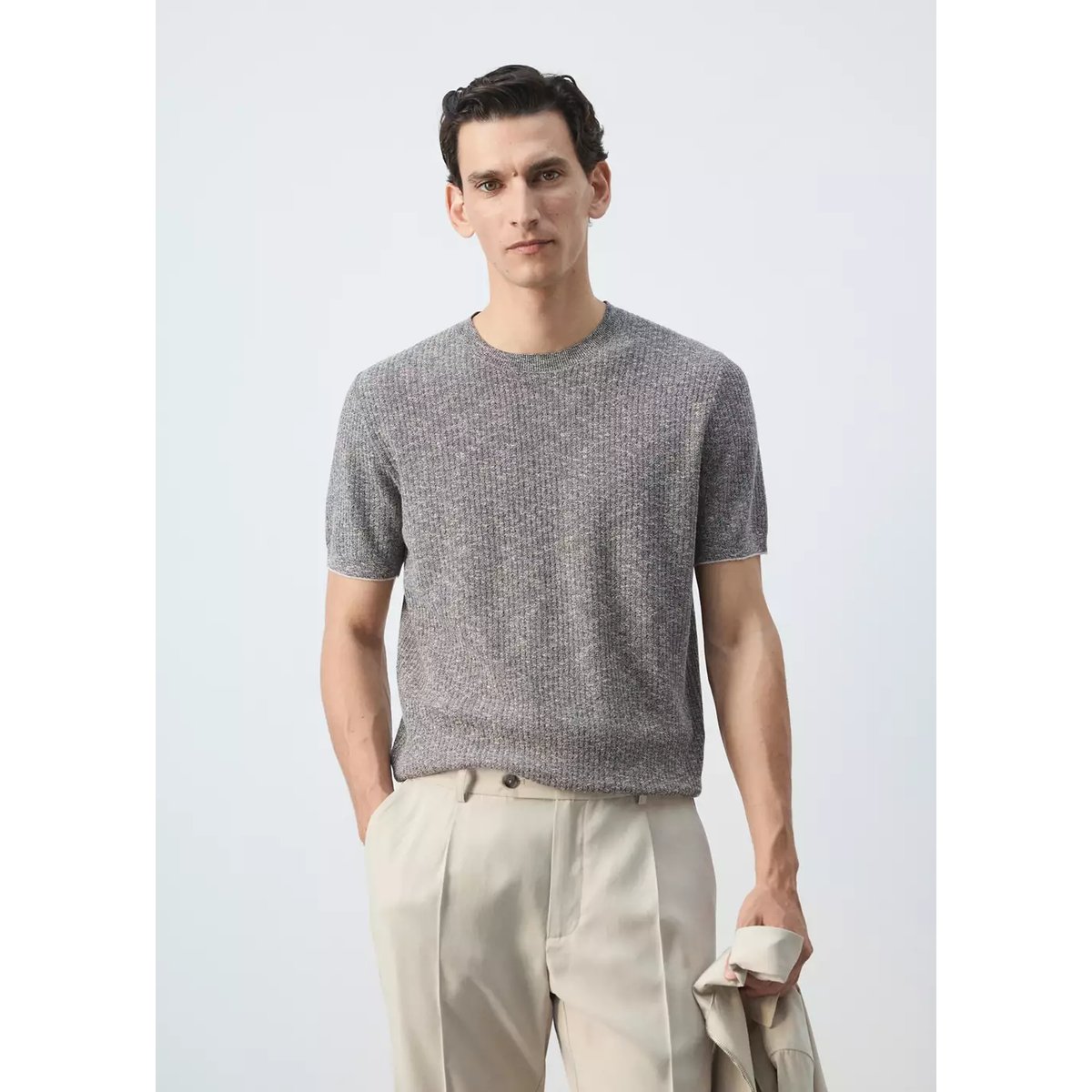 T-shirt en mélange de coton et lin côtelé bleu marine, MANGO MAN