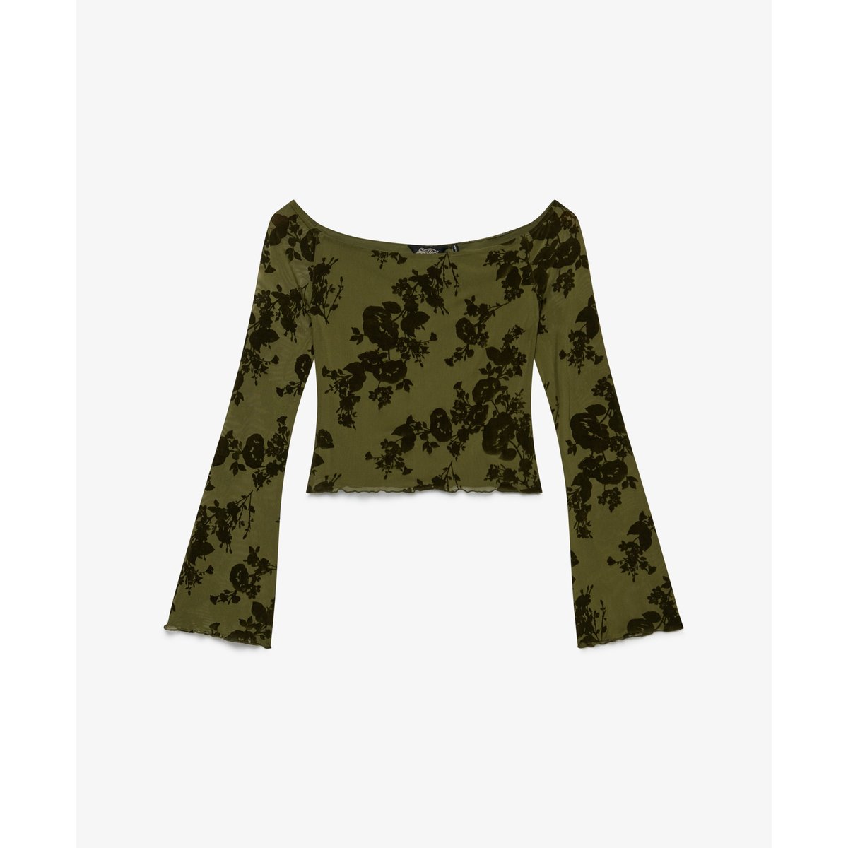 Top à manches longues en mesh floqué vert sapin, SUPERDRY