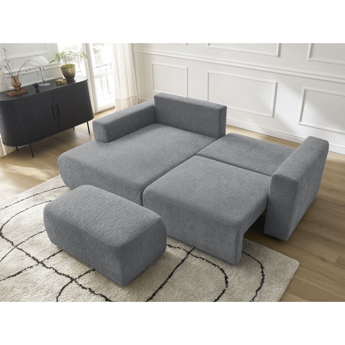 Canapé d'angle convertible 5 places en tissu texturé avec pouf, ATILLA gris foncé, BOBOCHIC