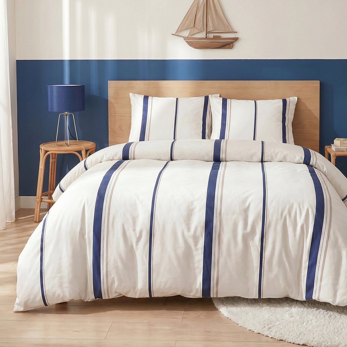 Parure housse de couette imprimée rayures bleu en coton, LORD multicolore, ATELIER DU COTON