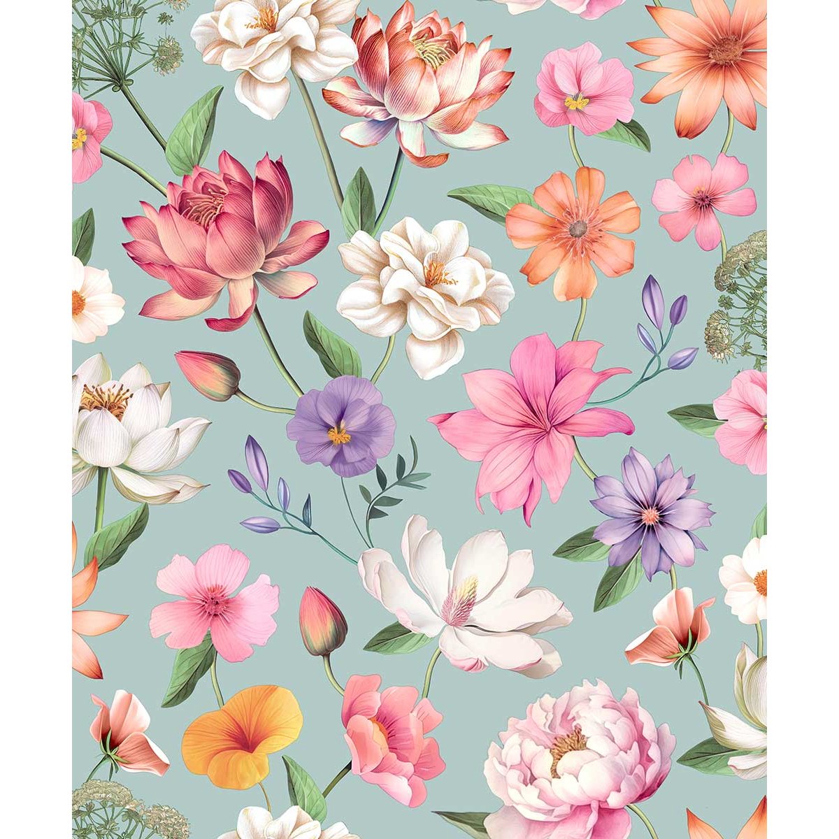Papier peint floral botanique fond rose poudré beige, HEXOA
