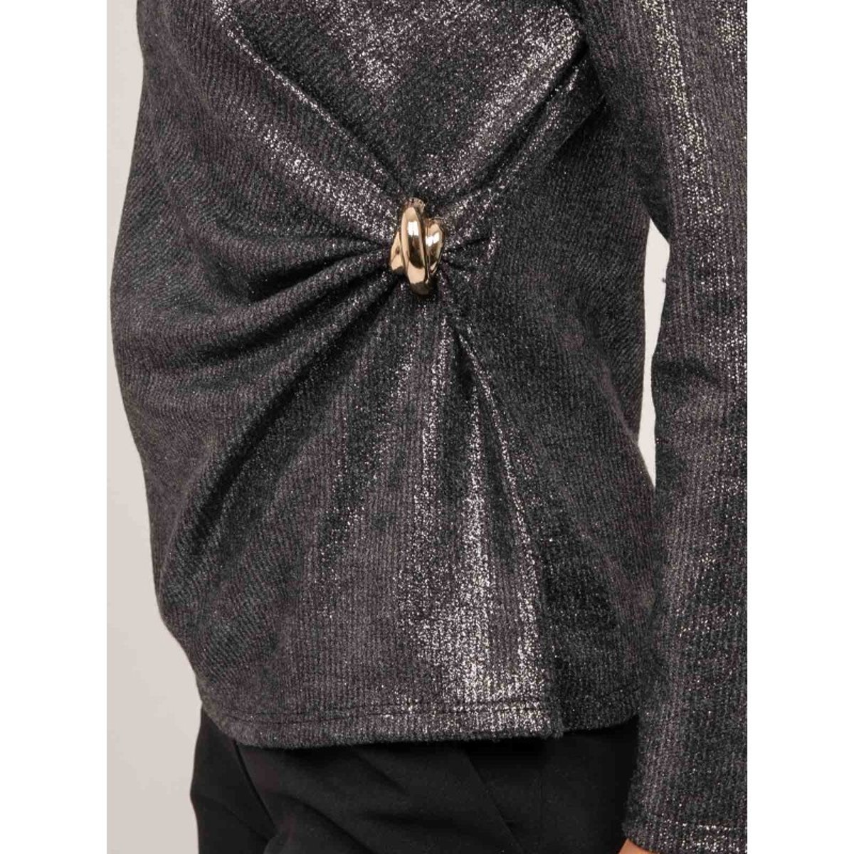 Top Brillant Manches Longues Drapé Flarine noir, DONA LISA