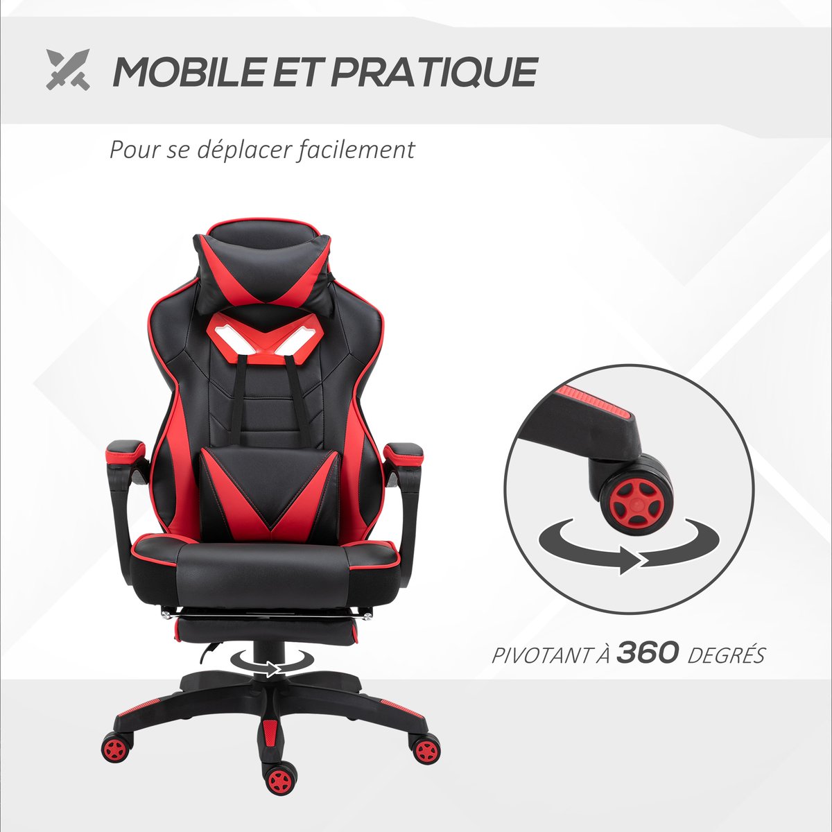 Fauteuil gaming Revêtement synthétique PU rouge et noir, HOMCOM