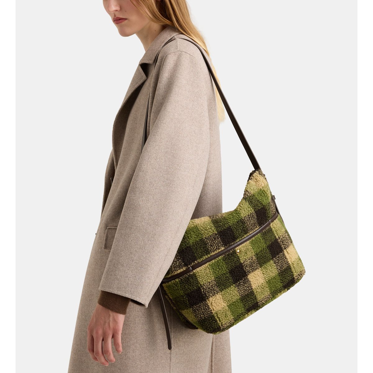 Sac à main maya shearling à carreaux vert et camel, GALERIES LAFAYETTE
