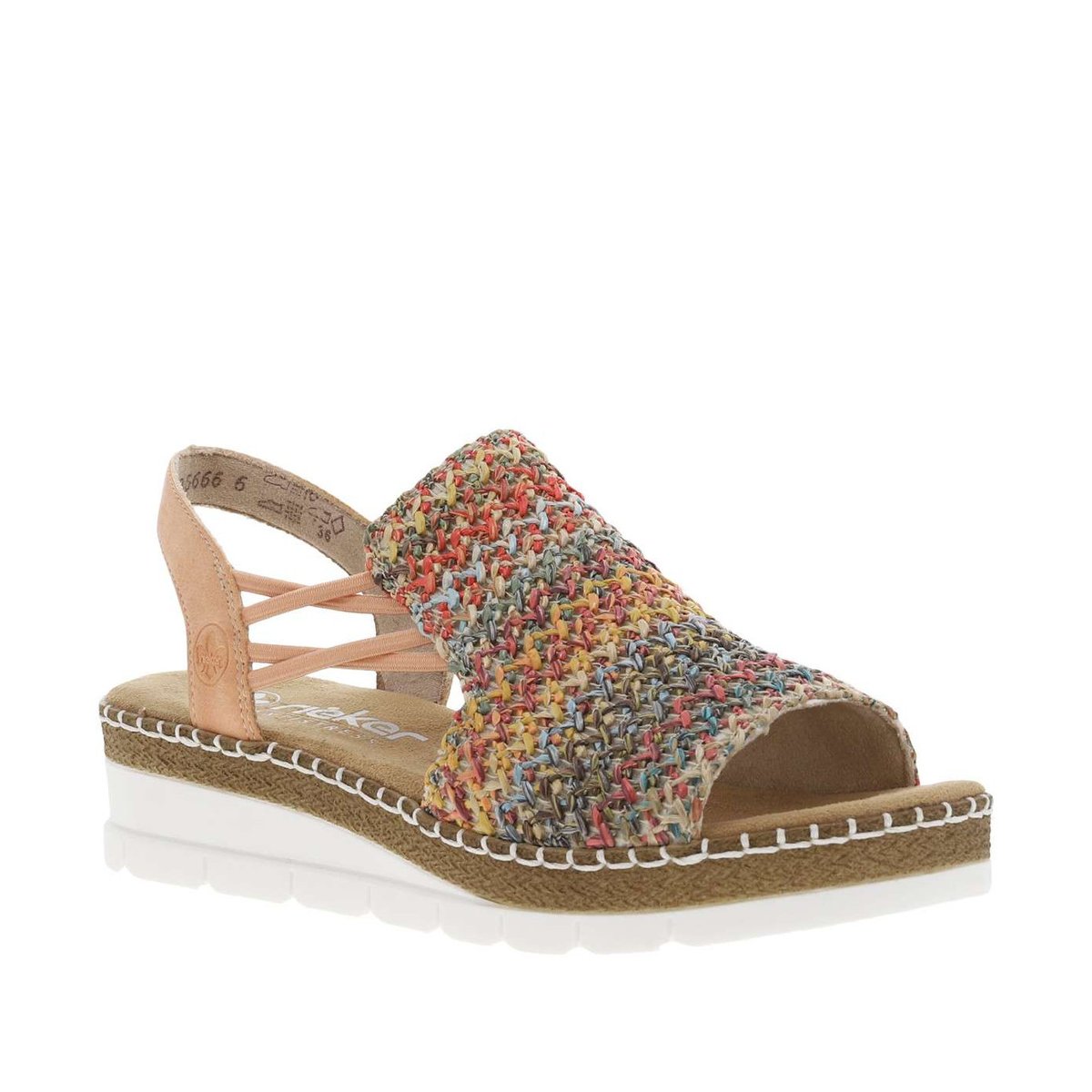Sandales abricot avec une tige en tressage multicolore et à talon compensé abricot, RIEKER