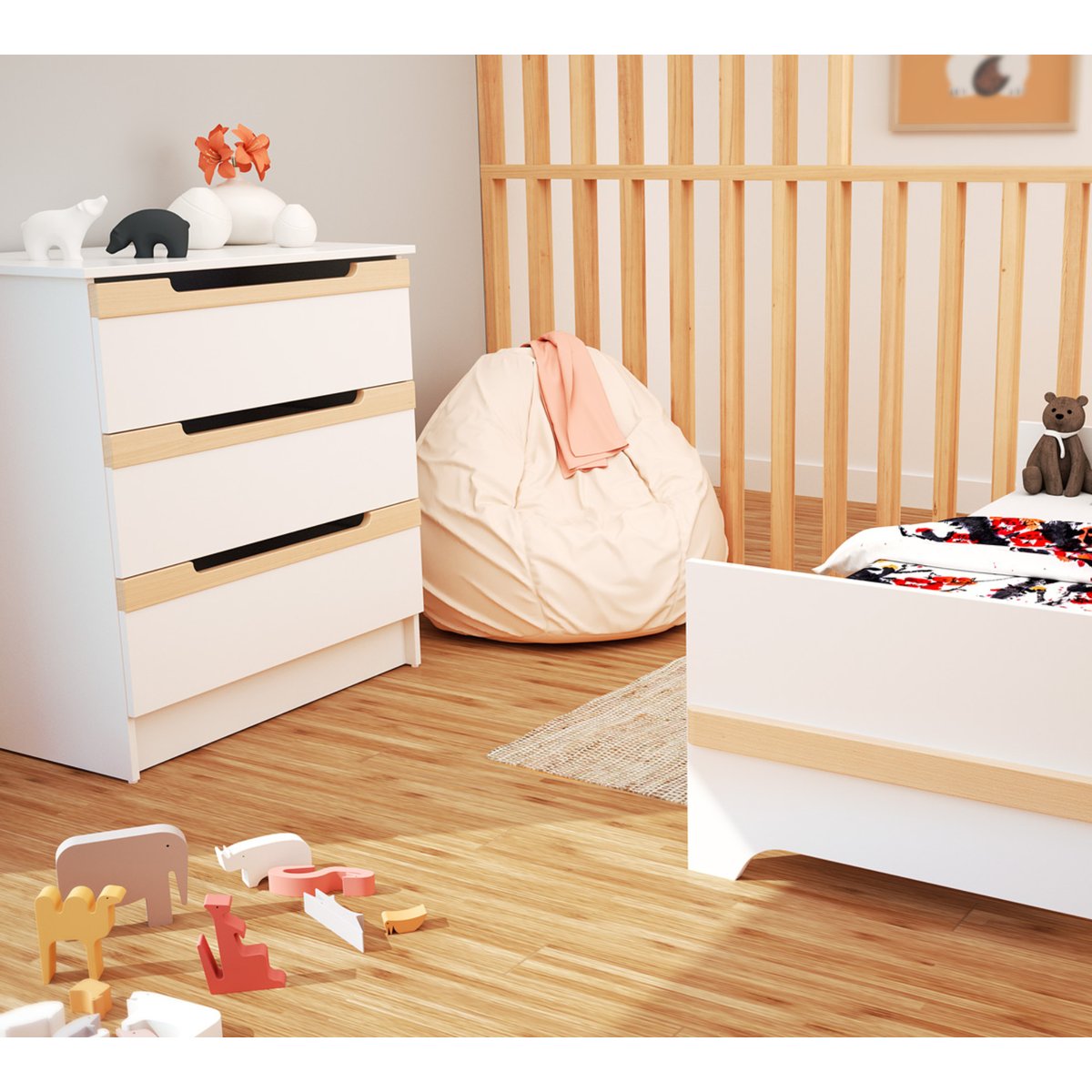 Commode à langer 3 tiroirs en bois CARROUSEL blanc et hêtre verni, JURABABY