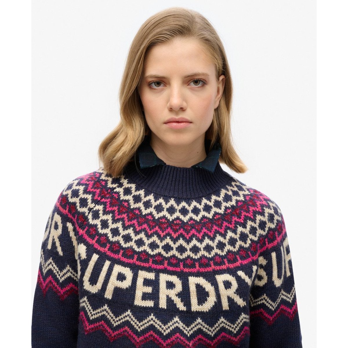 Pull à motif jacquard multicolore bleu marine insulaire, SUPERDRY