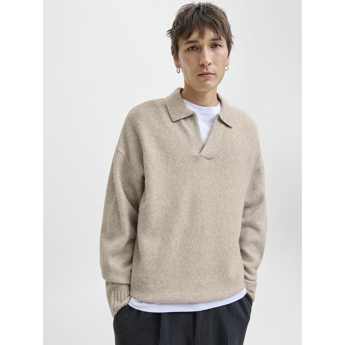 Open Jumper with Polo Collar beige, JACK & JONES
