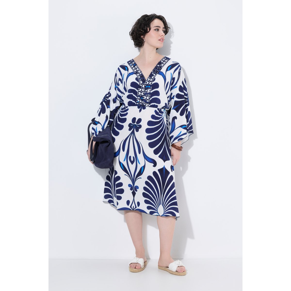 Robe décolleté en V et manches 3/4 blanc neige, ULLA POPKEN