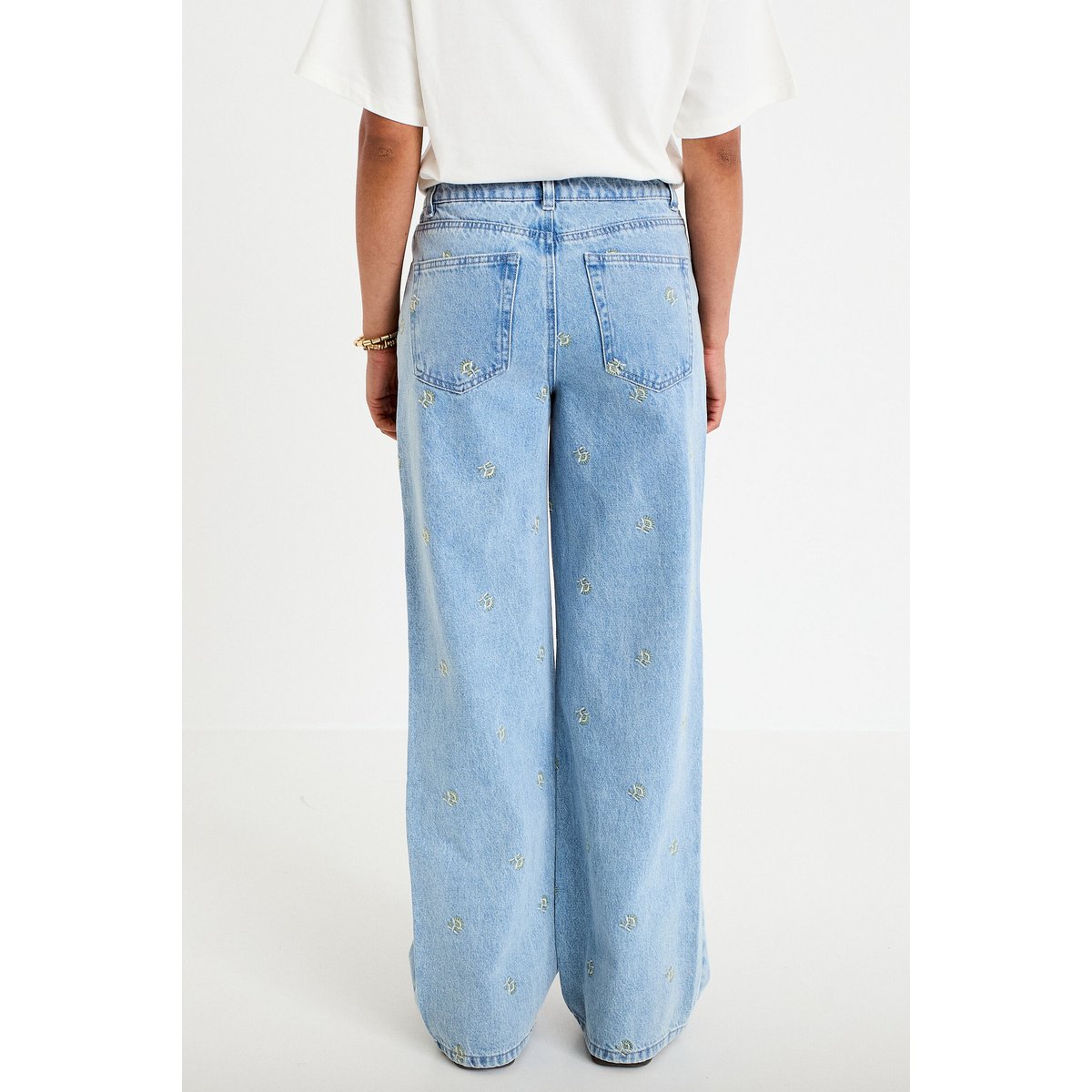 Jean wide leg taille haute brodé bleu, CACHE CACHE