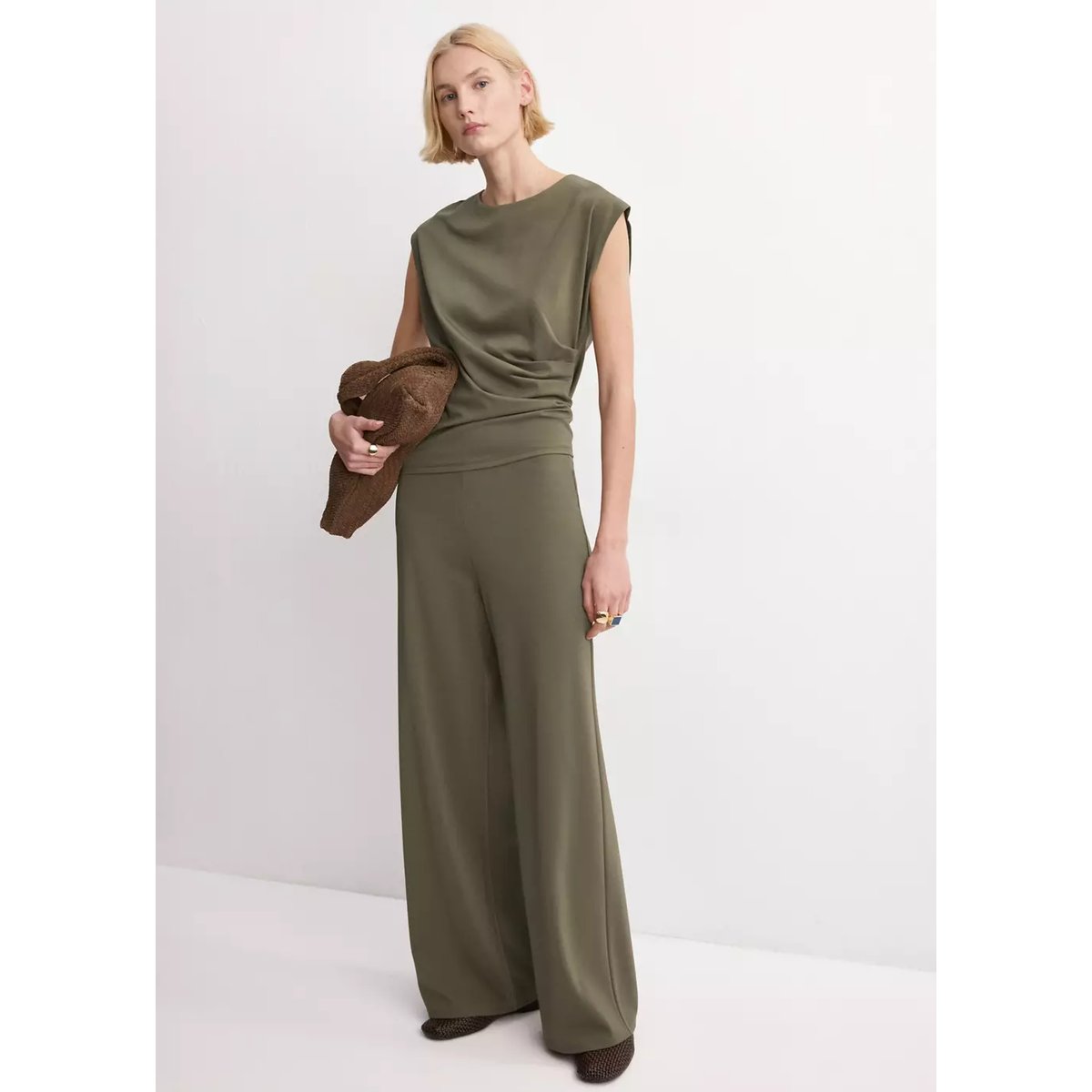 Pantalon droit taille élastique kaki, MANGO