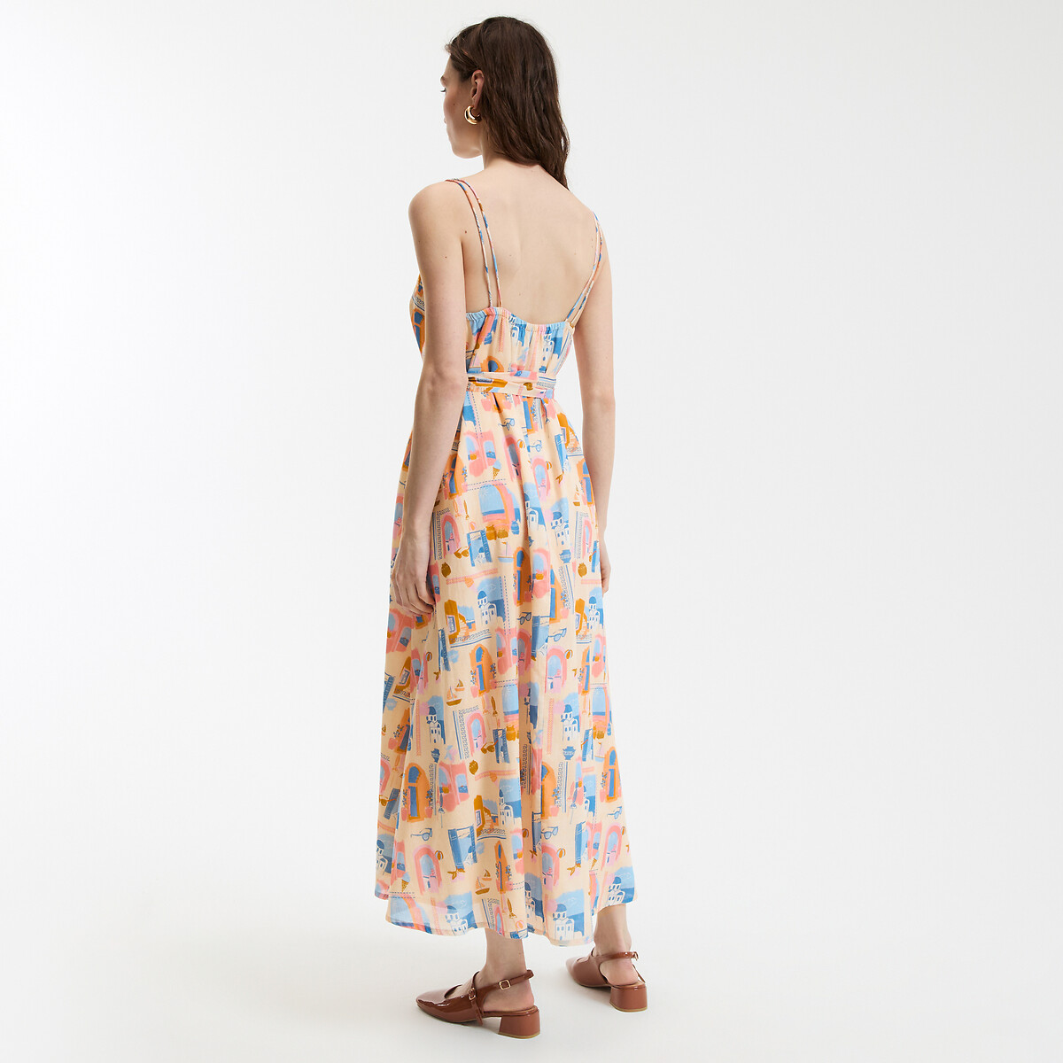 Printed Flared Maxi Dress with Shoestring Straps multi-coloured, LA REDOUTE COLLECTIONS