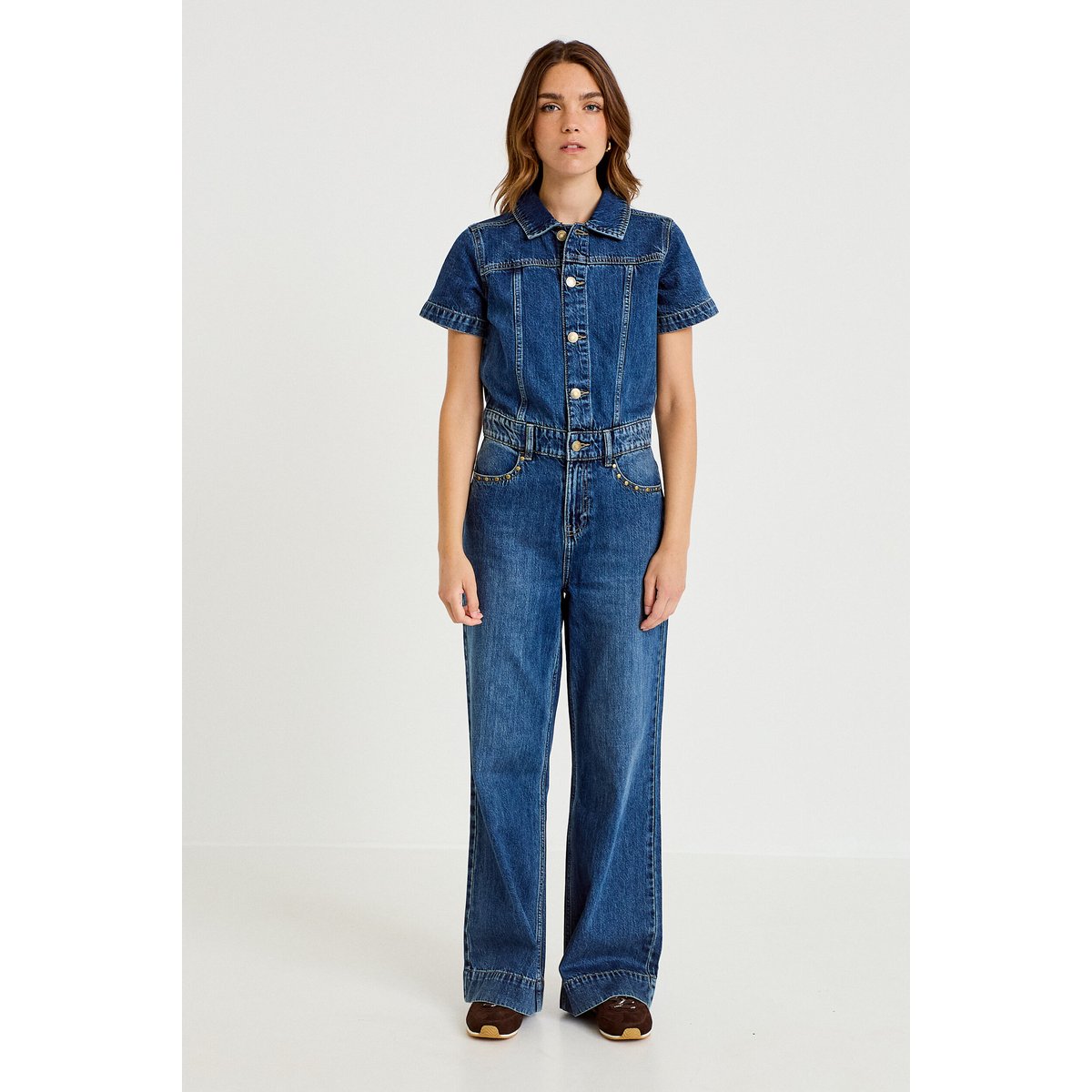 Combinaison jean flare col américain denim stone, CACHE CACHE