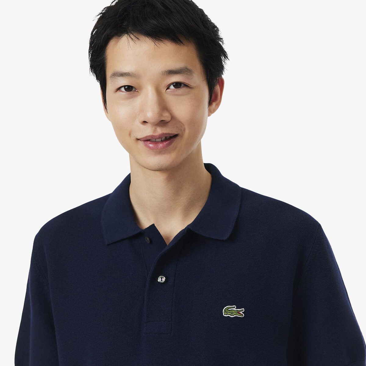 Cotton Fine Knit Garter Stitch Polo Jumper navy blue, LACOSTE