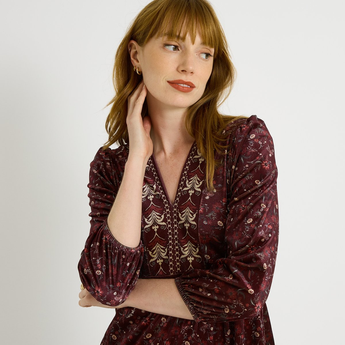 Robe fluide longueur genou à col V orange bordeaux, GRAIN DE MALICE