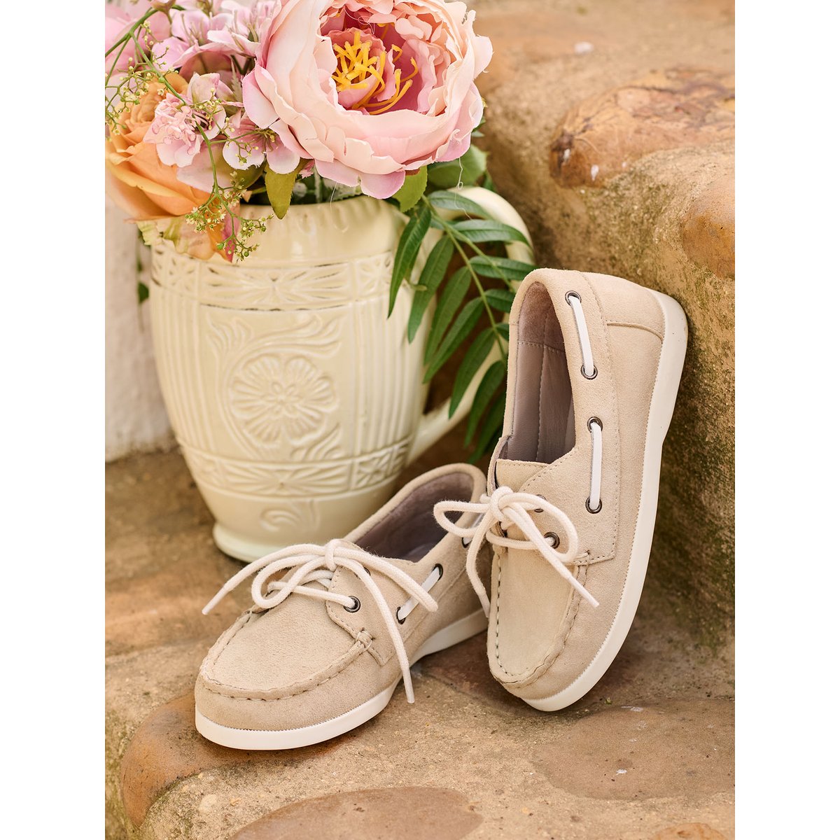 Chaussures bateau cuir beige, VERTBAUDET