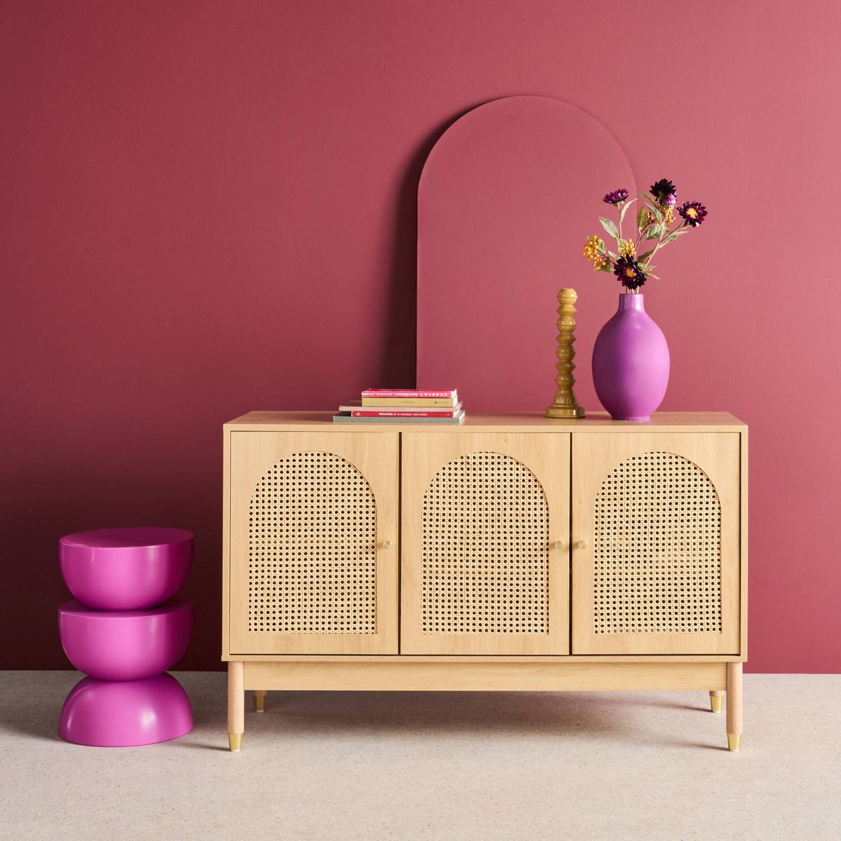 Buffet décor bois et cannage 3 portes 120cm JUDITH naturel, SWEEEK